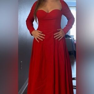 Classic Red Long-Sleeve Fit & Flare Dress